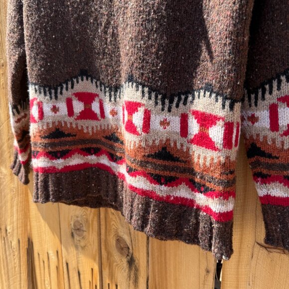 Vintage 90s Brown Wool Cashmere Cowichan Southwestern Aztec Sweater S/M Petite - Picture 6 of 13
